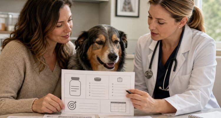 An owner and veterinarian compare an unlabeled decision sheet beside a dog, with the conversation and shared goal in focus.