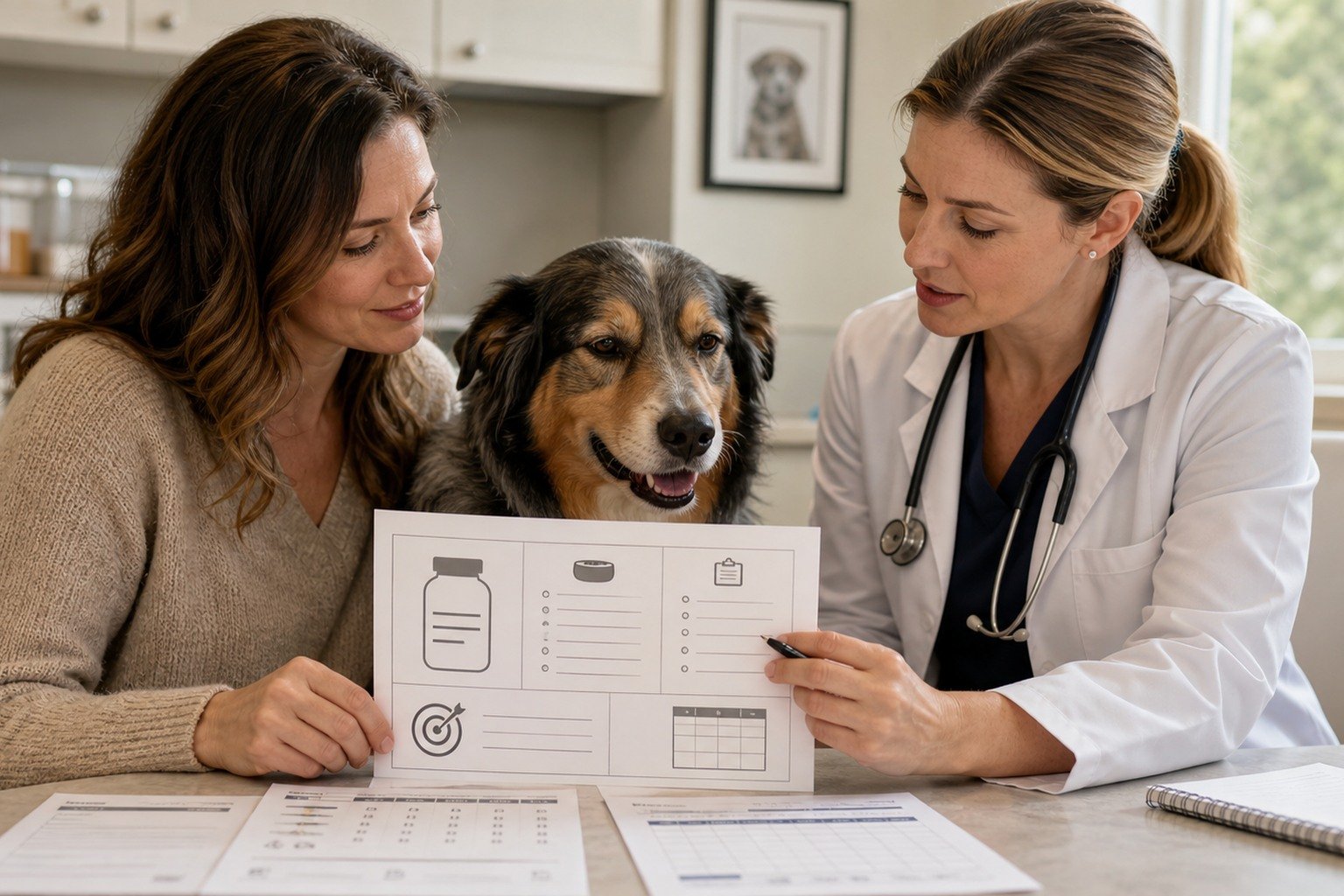 An owner and veterinarian compare an unlabeled decision sheet beside a dog, with the conversation and shared goal in focus.