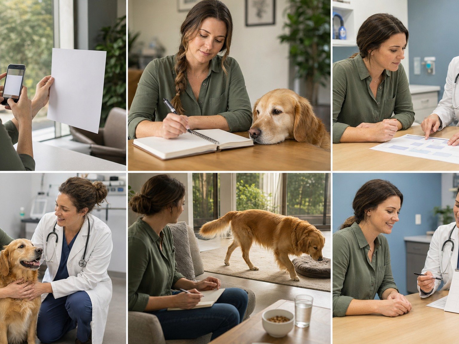 A text-free collaboration montage shows blank-label capture, an exposure notebook, shared review, examination, home observation, and follow-up scheduling.