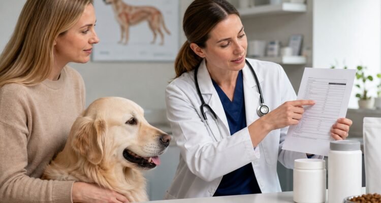 A veterinarian and owner review a blank supplement label and neutral laboratory report beside a relaxed dog.