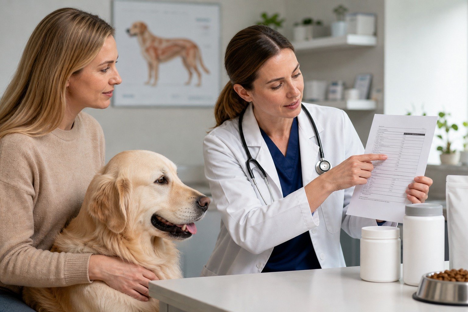 A veterinarian and owner review a blank supplement label and neutral laboratory report beside a relaxed dog.