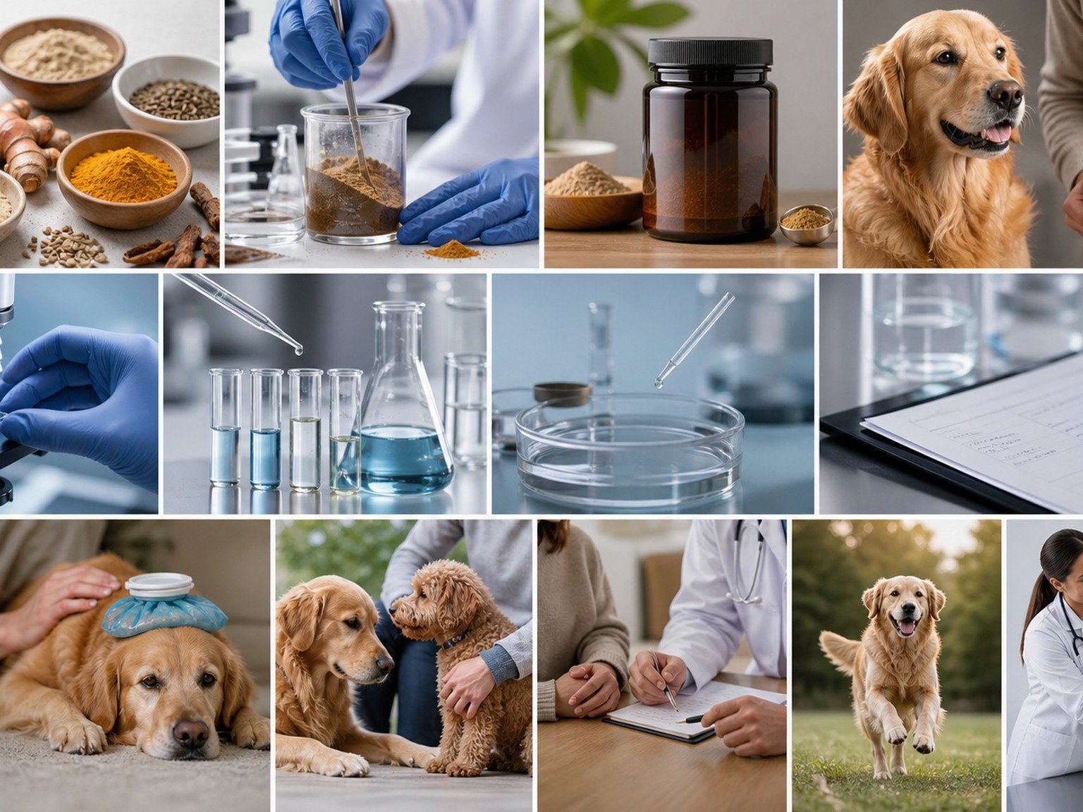 A text-free supplement glossary atlas shows ingredients, laboratory preparation, a plain container, dogs under observation, test tubes, records, and veterinary follow-up.