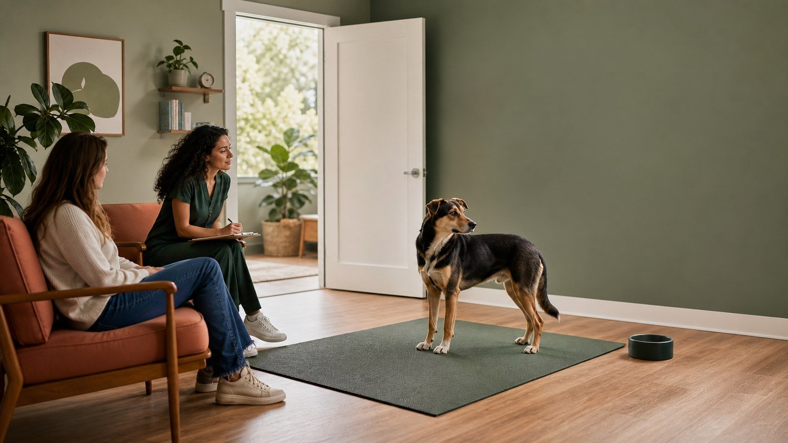 Dog given space and choice during a calm veterinary behavior consultation