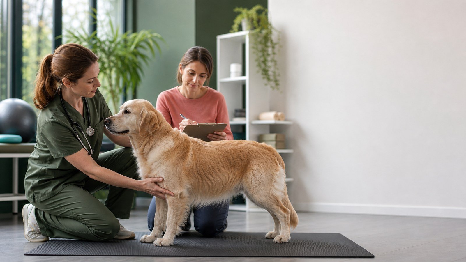 Veterinarian observing an older dog's posture on a non-slip mat while the owner takes notes