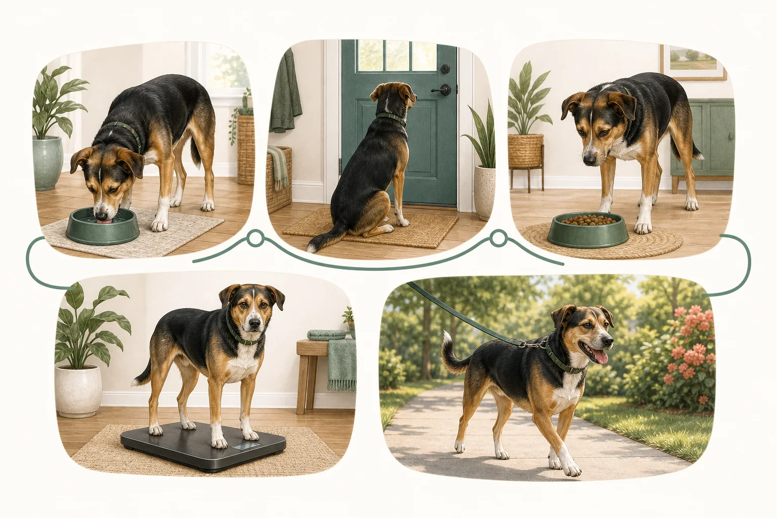 Five-part home observation scene showing water, bathroom routine, meal, weight, and activity