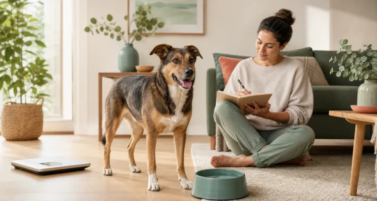 Adult dog beside a water bowl while an owner records a weekly health observation