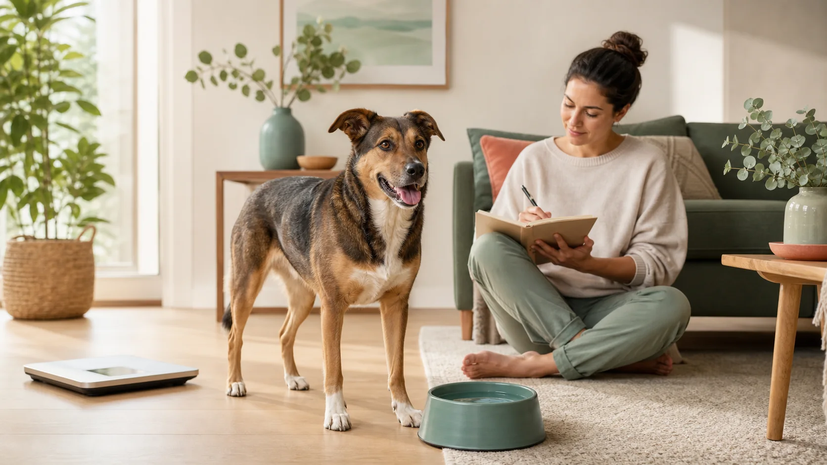 Adult dog beside a water bowl while an owner records a weekly health observation
