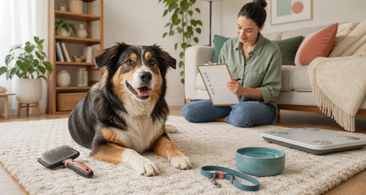 Dog relaxing at home while an owner completes a quarterly wellness checklist