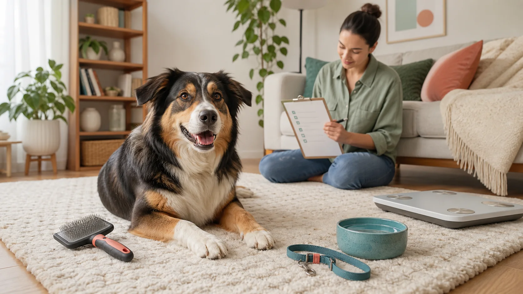Dog relaxing at home while an owner completes a quarterly wellness checklist