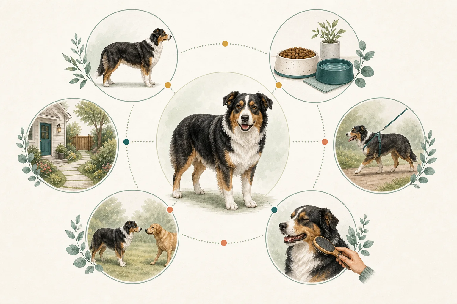 Quarterly dog wellness review illustrated through body condition, meals, movement, coat, behavior, and home safety