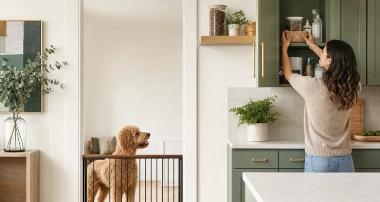 Dog safely separated from secured household, plant, and pet-food hazards