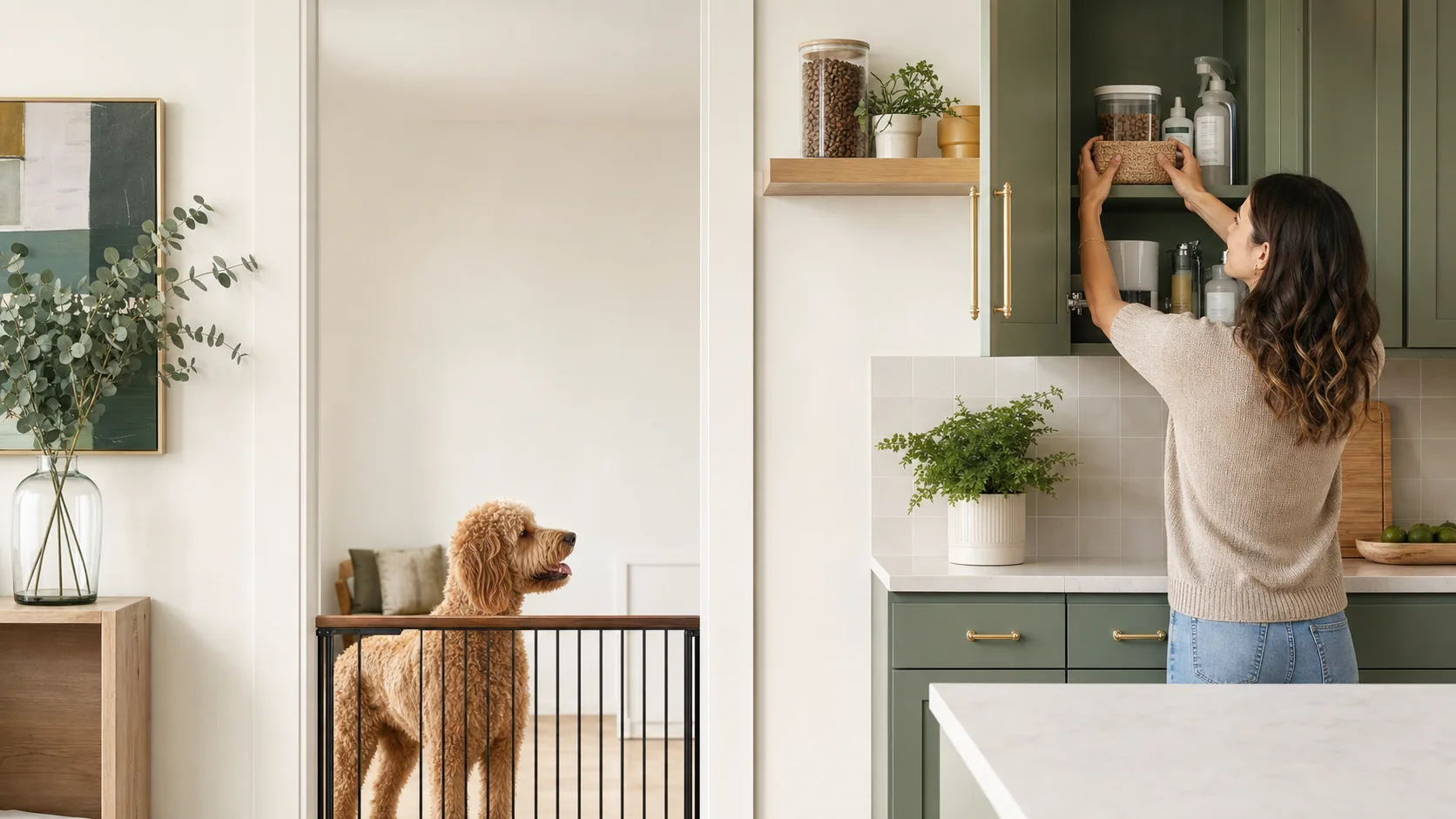 Dog safely separated from secured household, plant, and pet-food hazards