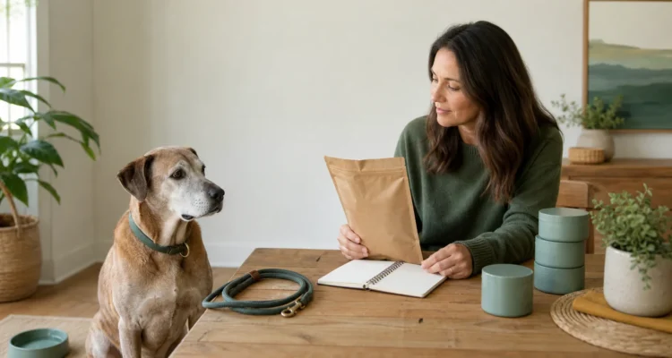 Senior dog with an owner reviewing weight, activity, food, and supplement information