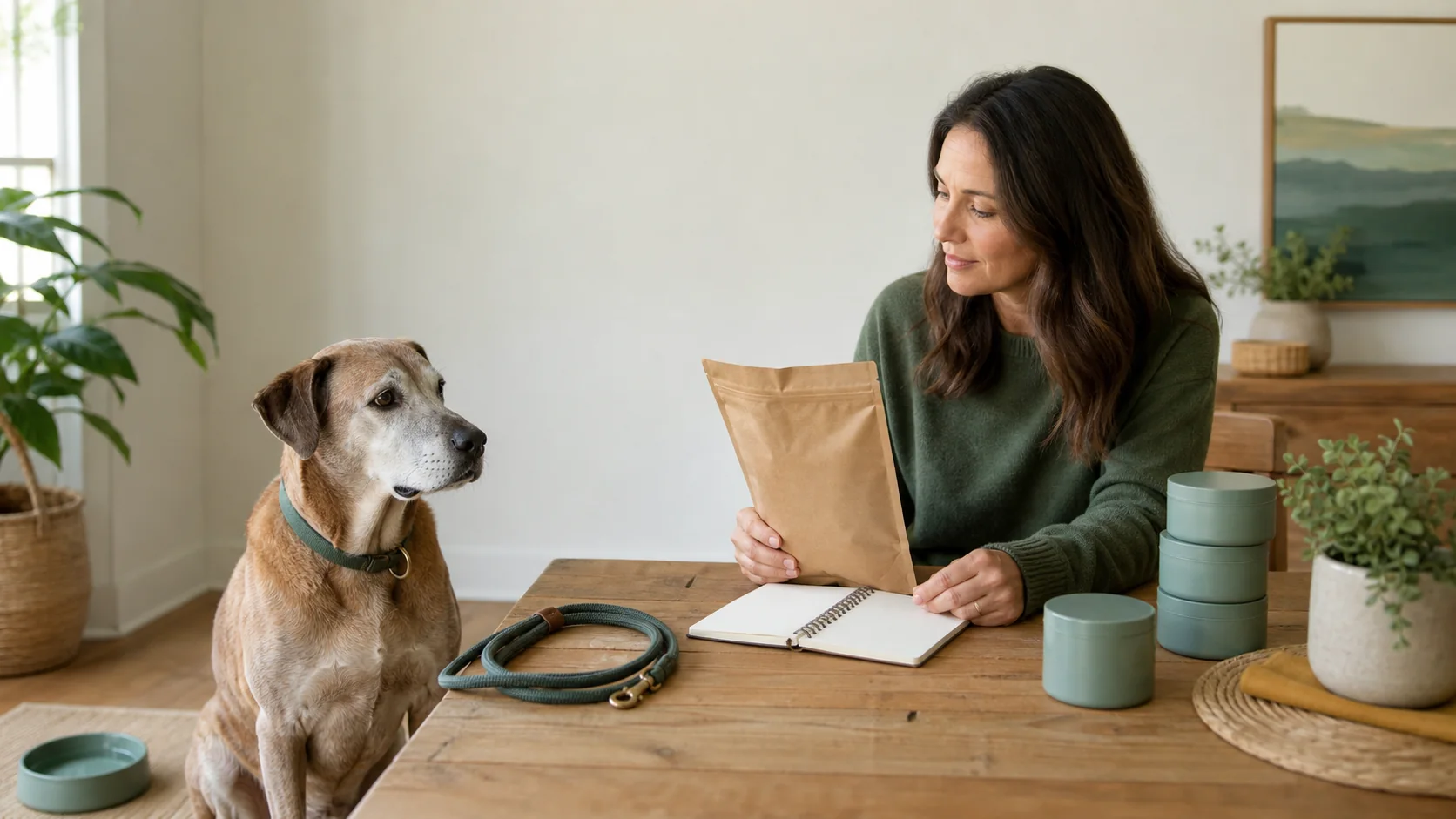Senior dog with an owner reviewing weight, activity, food, and supplement information