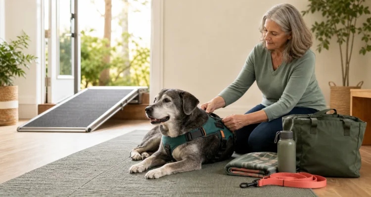Mobility-limited dog beside a prepared emergency kit and clear accessible exit route