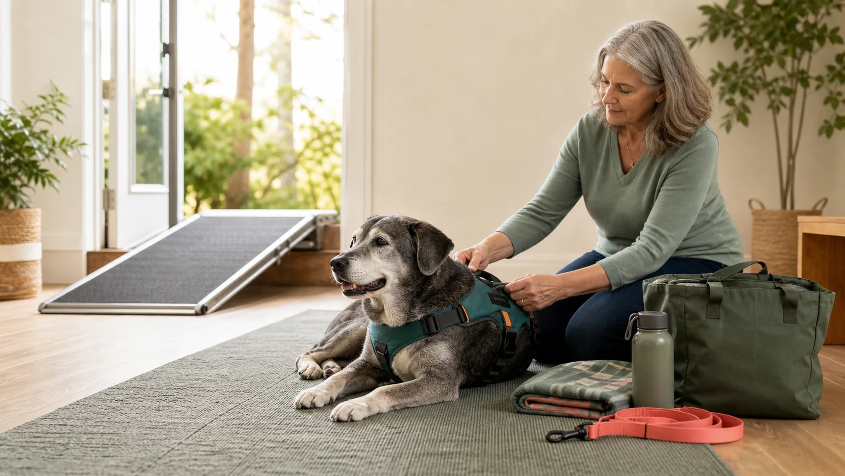 Mobility-limited dog beside a prepared emergency kit and clear accessible exit route