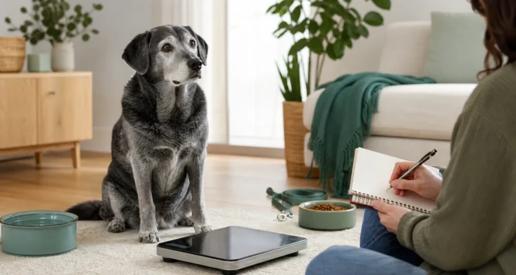 Senior dog at home while an owner records water, meal, weight, and activity observations