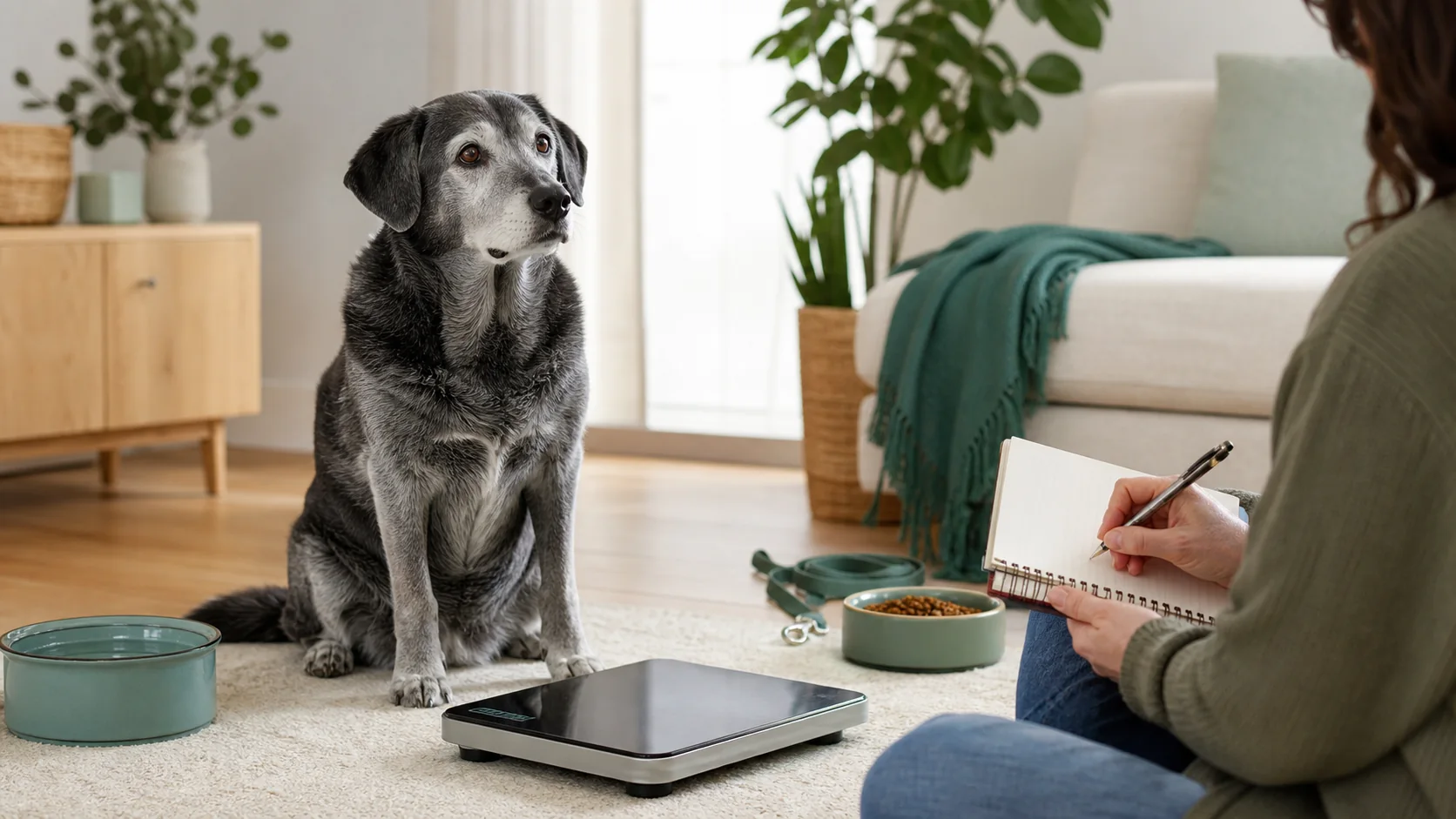 Senior dog at home while an owner records water, meal, weight, and activity observations