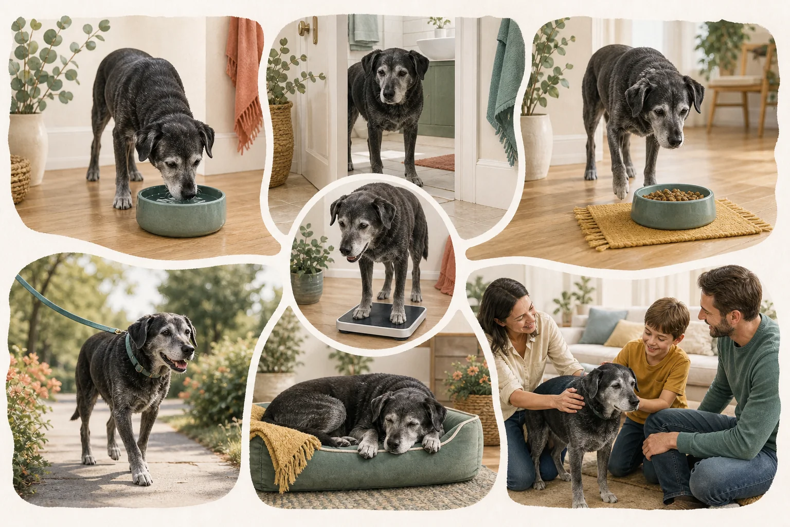 Senior dog observation map showing water, bathroom routine, appetite, weight, energy, sleep, and behavior