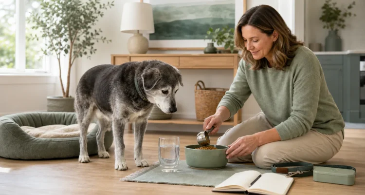 Senior dog following a calm daily routine with an owner organizing meals, walking, rest, and care notes