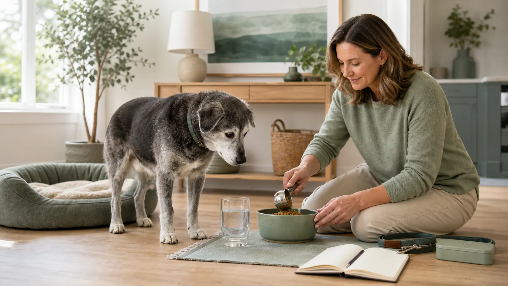 Senior dog following a calm daily routine with an owner organizing meals, walking, rest, and care notes