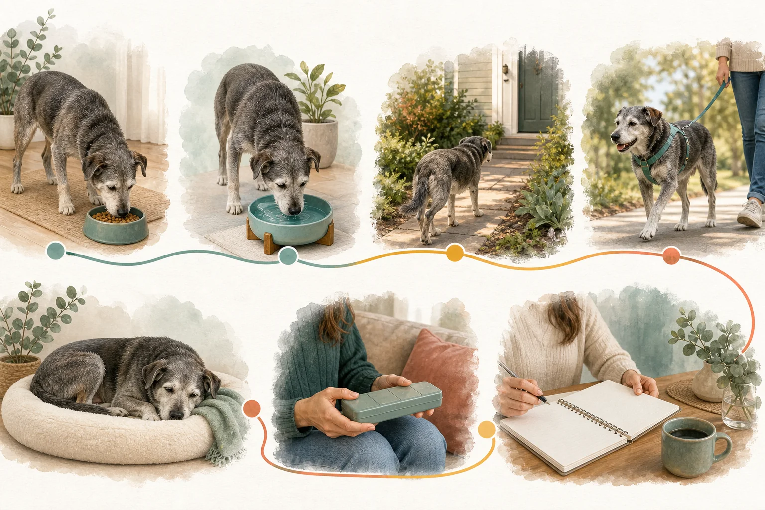 Senior dog daily routine map showing meals, water, bathroom access, activity, rest, medication organization, and weekly review