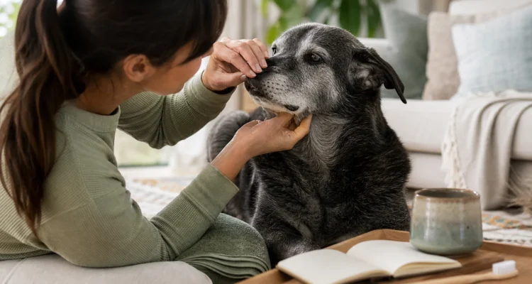 Senior dog calmly accepting gentle lip observation during an at-home wellness routine