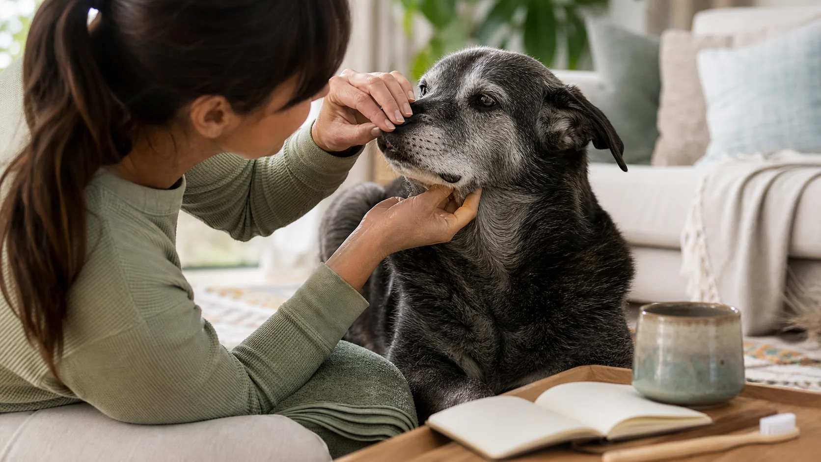 Senior dog calmly accepting gentle lip observation during an at-home wellness routine