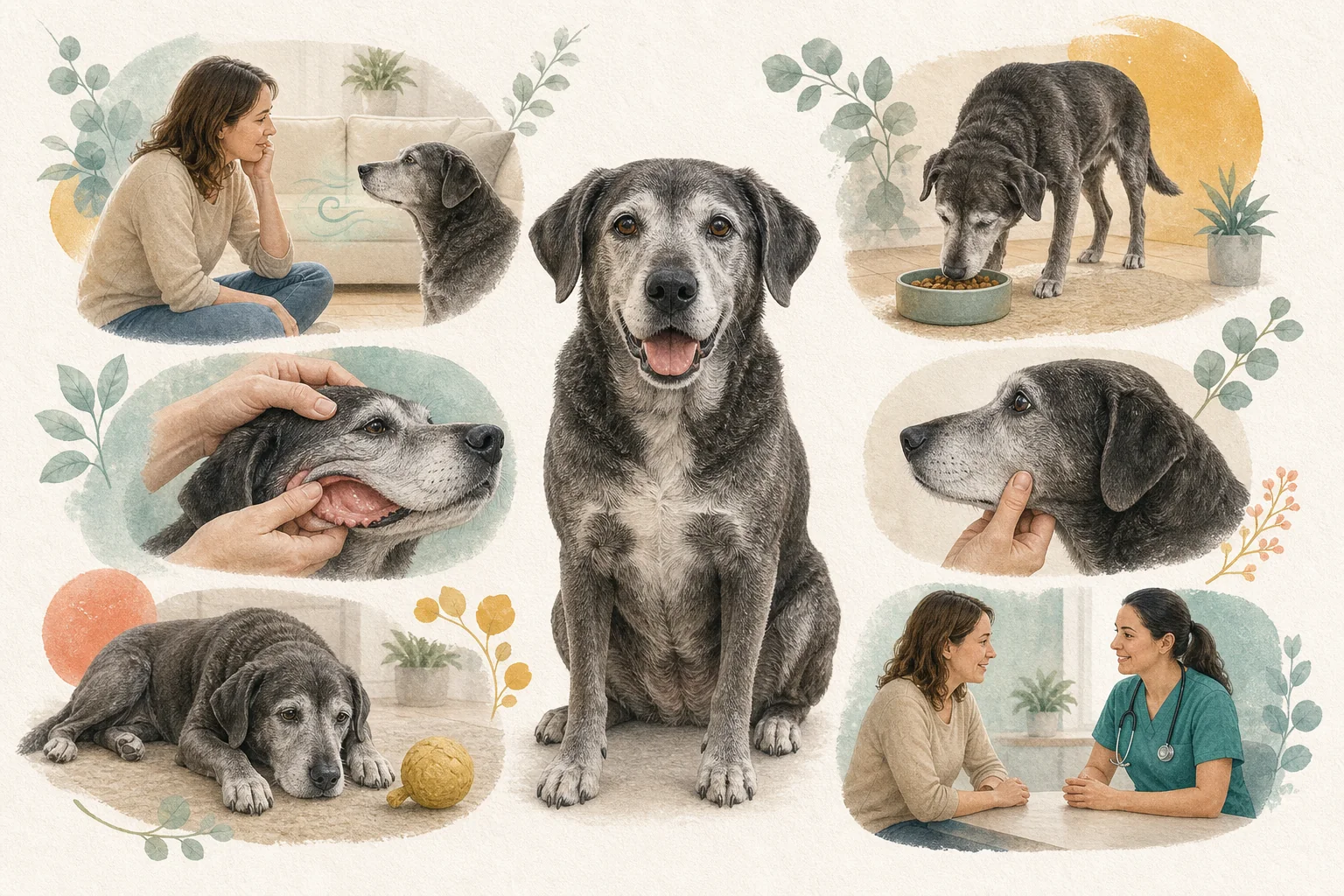 Senior dog dental wellness guide showing breath, eating, visible gums, teeth, behavior, and veterinary evaluation