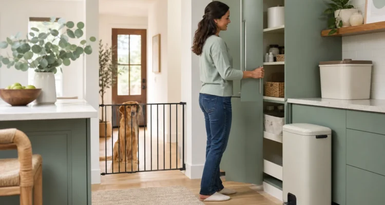 Dog safely separated while an owner secures food, medicine, and household hazards