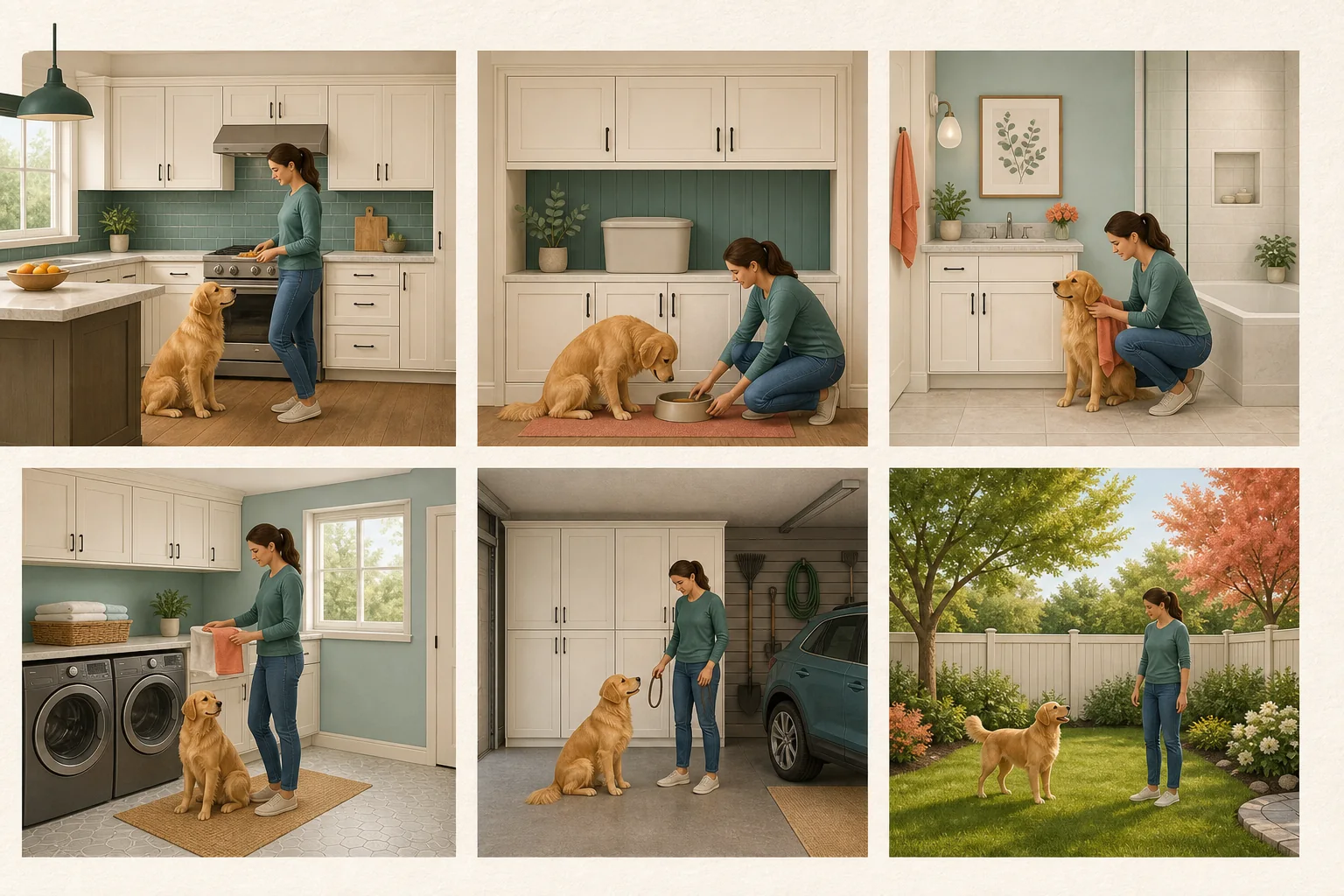 Room-by-room dog toxin safety checklist covering kitchen, pet food, bathroom, laundry, garage, and yard