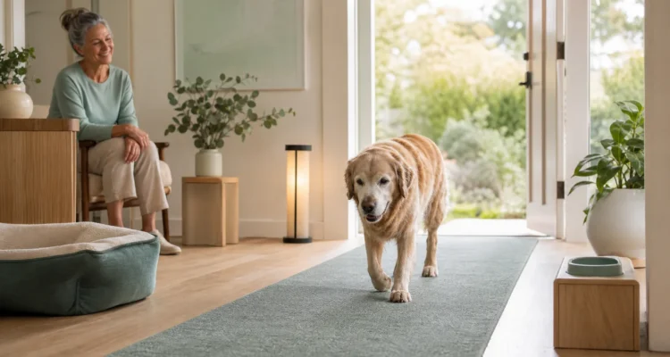 Senior dog walking on a clear non-slip home route with accessible rest, water, lighting, and exit