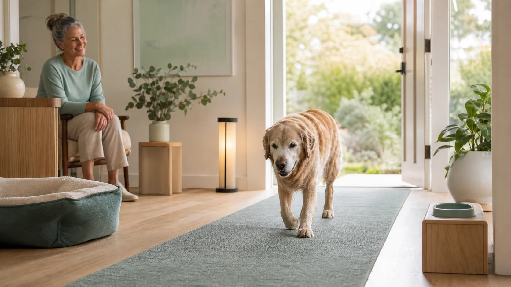 Senior dog walking on a clear non-slip home route with accessible rest, water, lighting, and exit