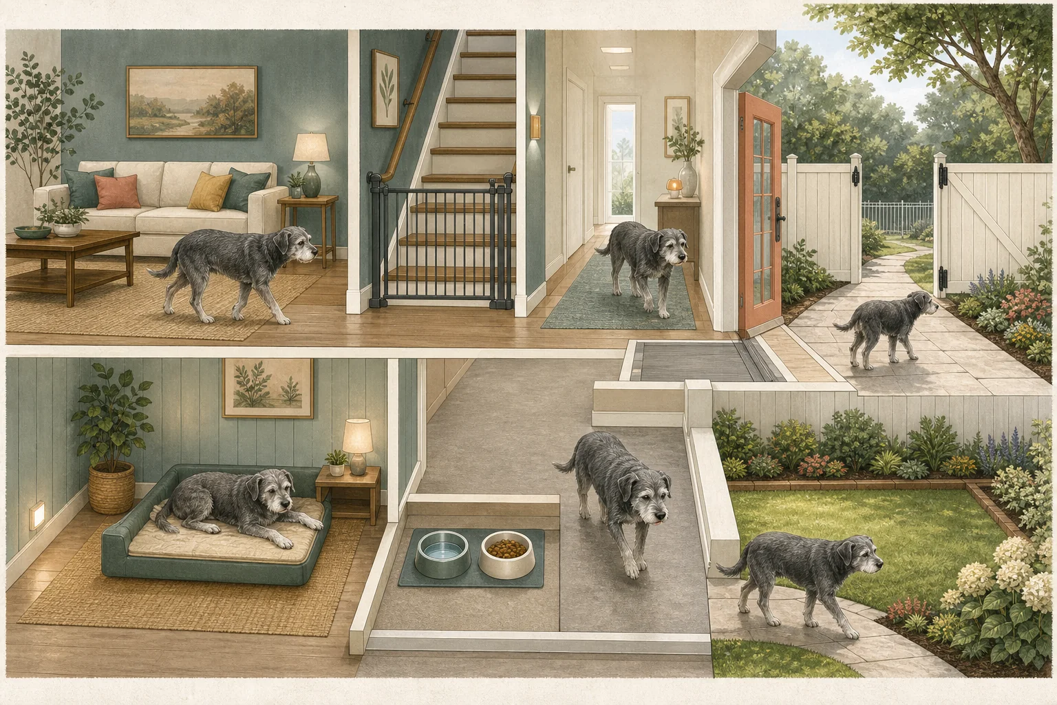 Home and yard safety audit for a senior dog showing traction, stairs, rest, bowls, lighting, yard, and exits