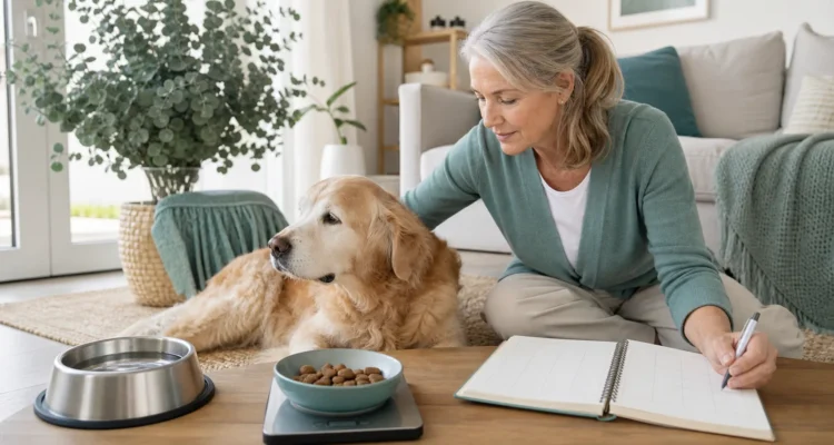 Healthy Paws Essentials scene illustrating monthly wellness check for dogs with metabolic concerns