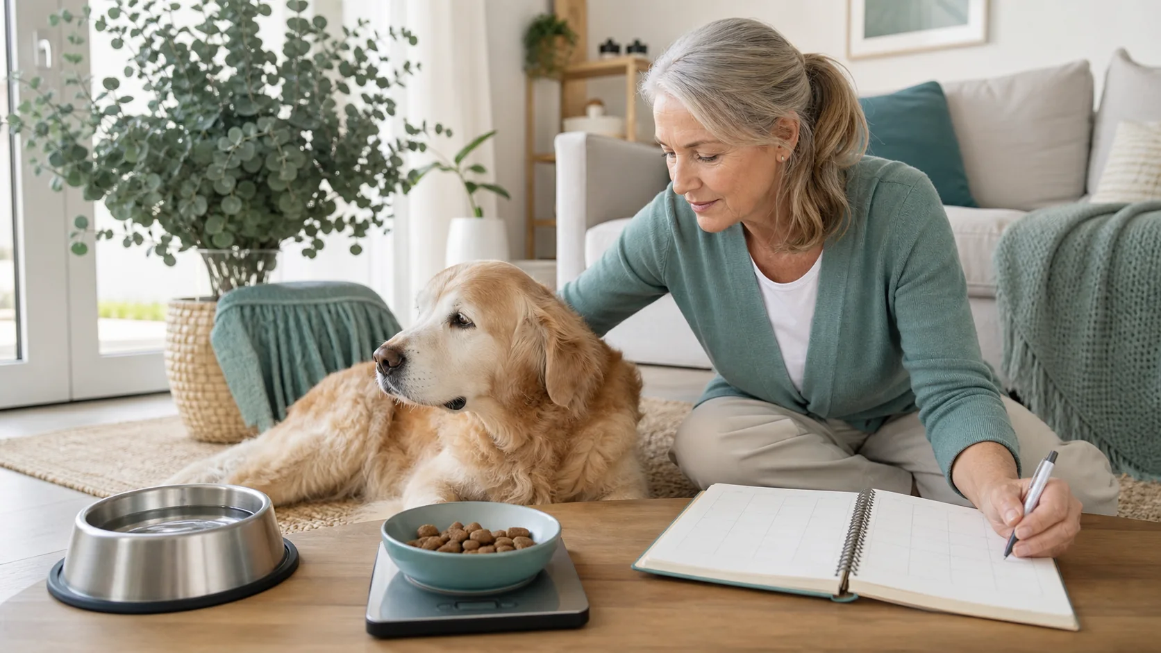 Healthy Paws Essentials scene illustrating monthly wellness check for dogs with metabolic concerns
