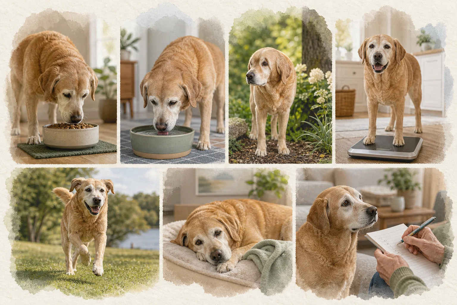 Illustrated owner guide for monthly wellness check for dogs with metabolic concerns