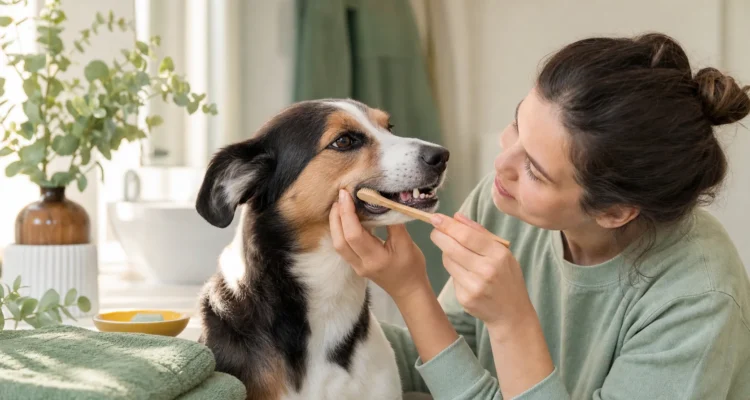 Healthy Paws Essentials scene illustrating daily dental care for adult dogs