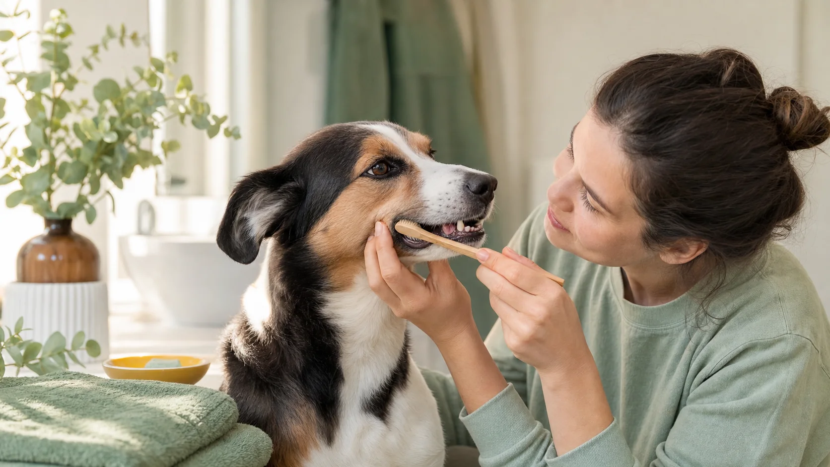 Healthy Paws Essentials scene illustrating daily dental care for adult dogs