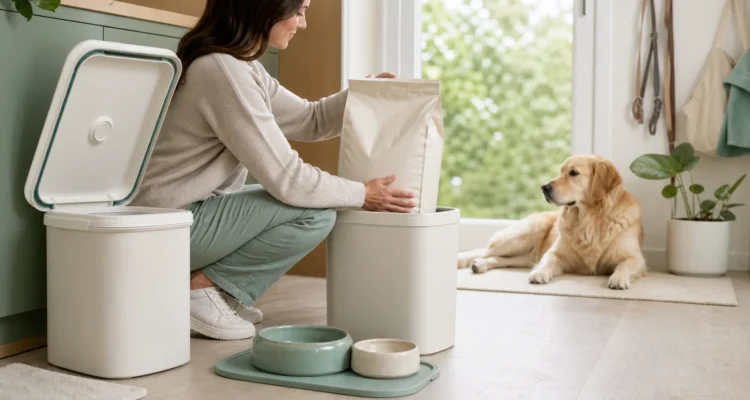 Healthy Paws Essentials scene illustrating safe dog food storage and handling