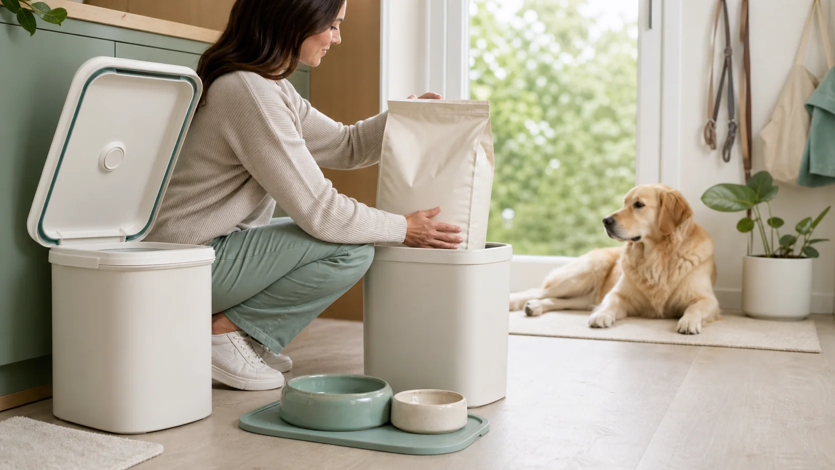 Healthy Paws Essentials scene illustrating safe dog food storage and handling