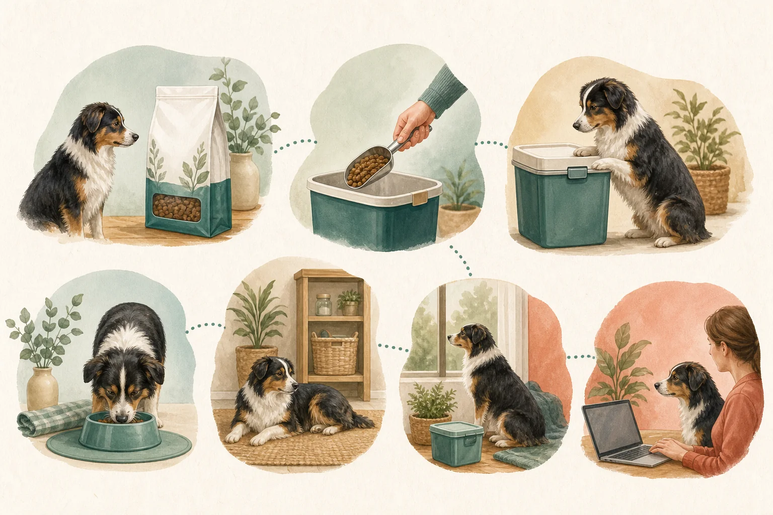 Illustrated owner guide for safe dog food storage and handling