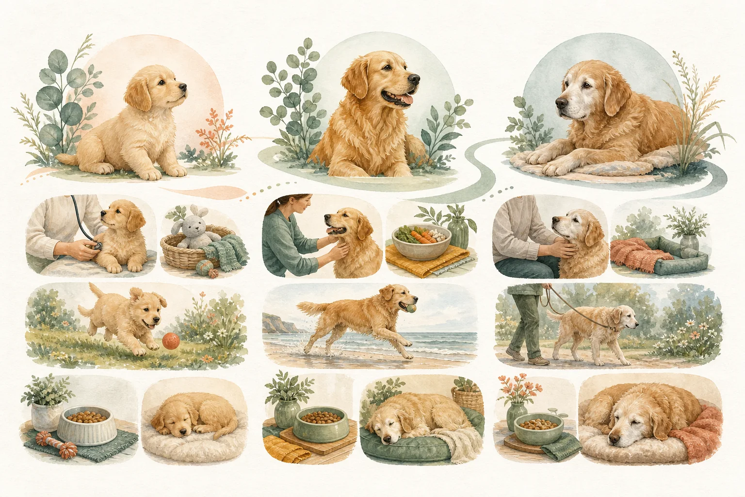 Illustrated owner guide for life-stage wellness planning for dogs