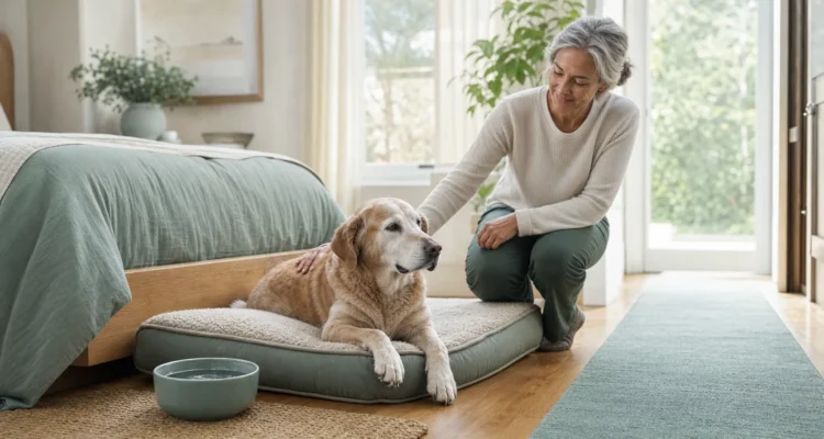 Healthy Paws Essentials scene illustrating daytime routine for senior dogs supporting cognitive health