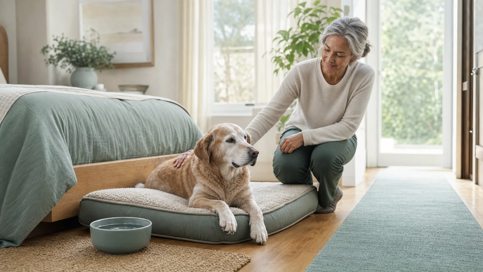 Healthy Paws Essentials scene illustrating daytime routine for senior dogs supporting cognitive health