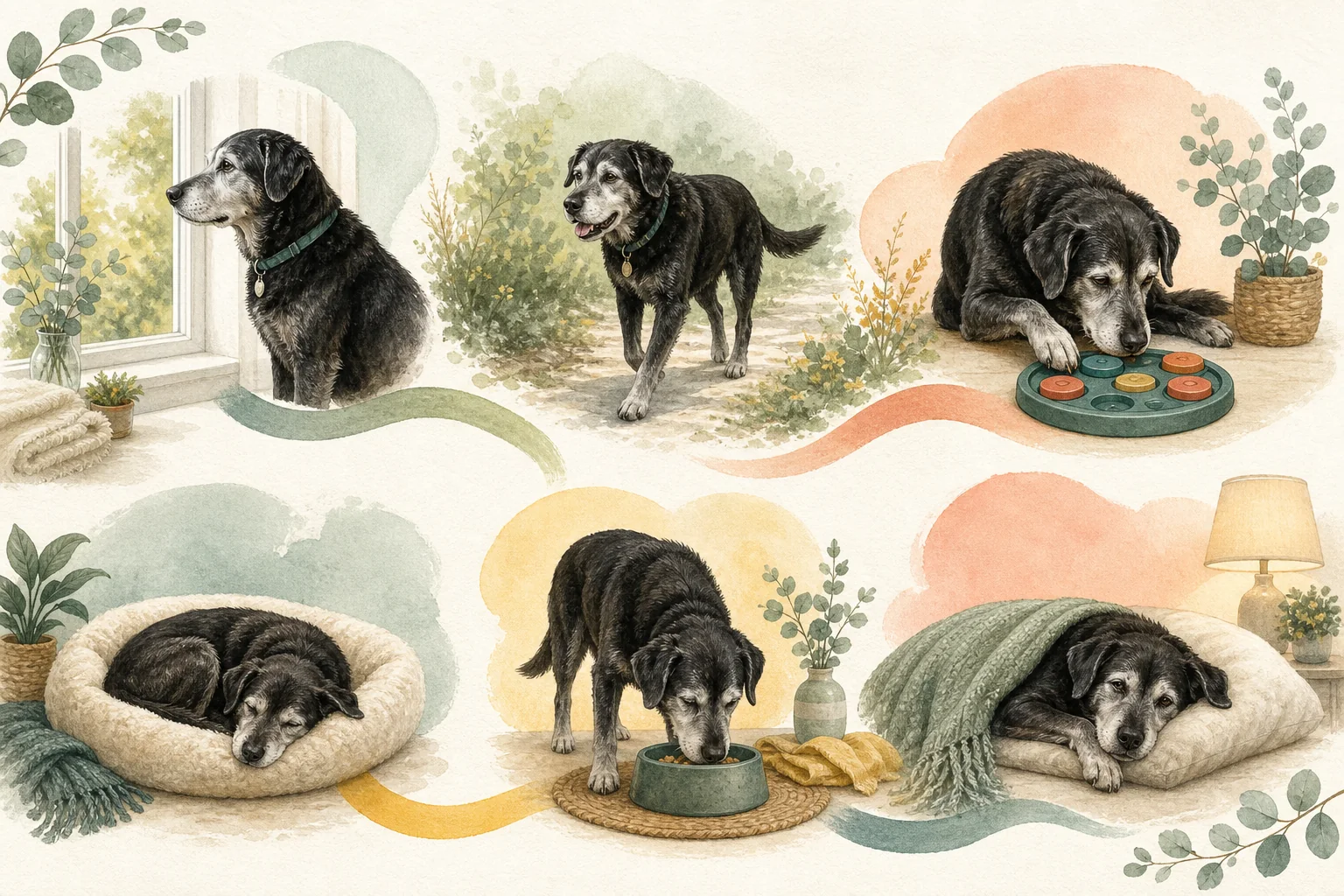 Illustrated owner guide for daytime routine for senior dogs supporting cognitive health