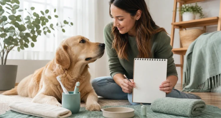 Healthy Paws Essentials scene illustrating simple at-home dental hygiene plan for dogs