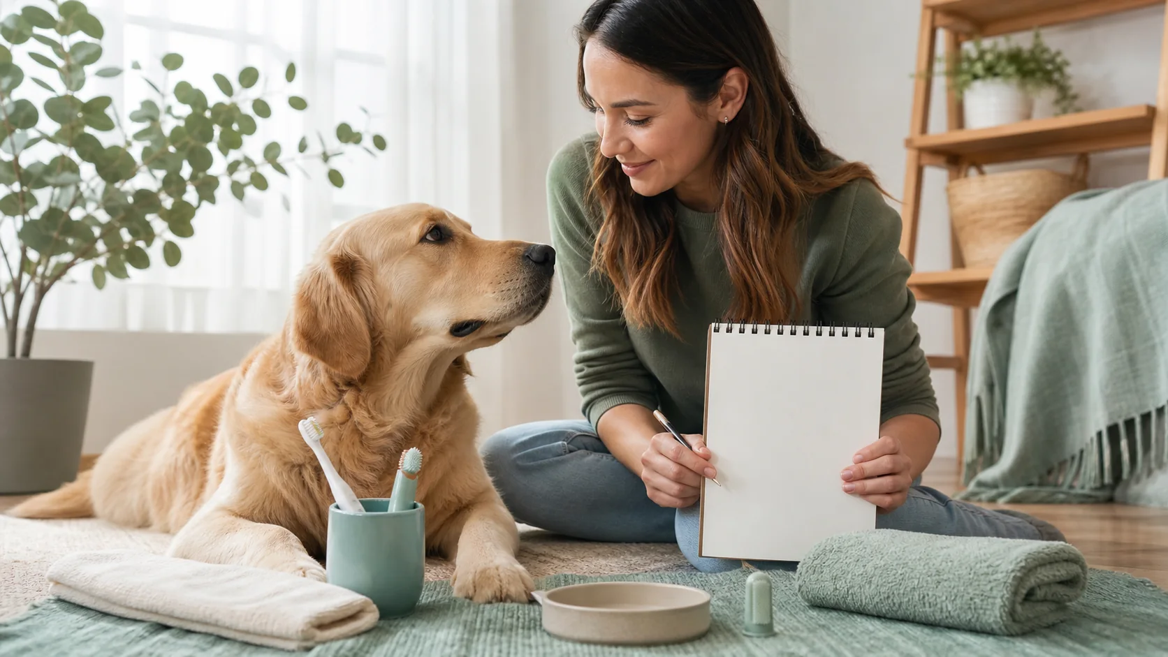 Healthy Paws Essentials scene illustrating simple at-home dental hygiene plan for dogs