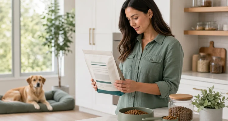 Healthy Paws Essentials scene illustrating reading dog food and treat ingredients to avoid hidden toxins