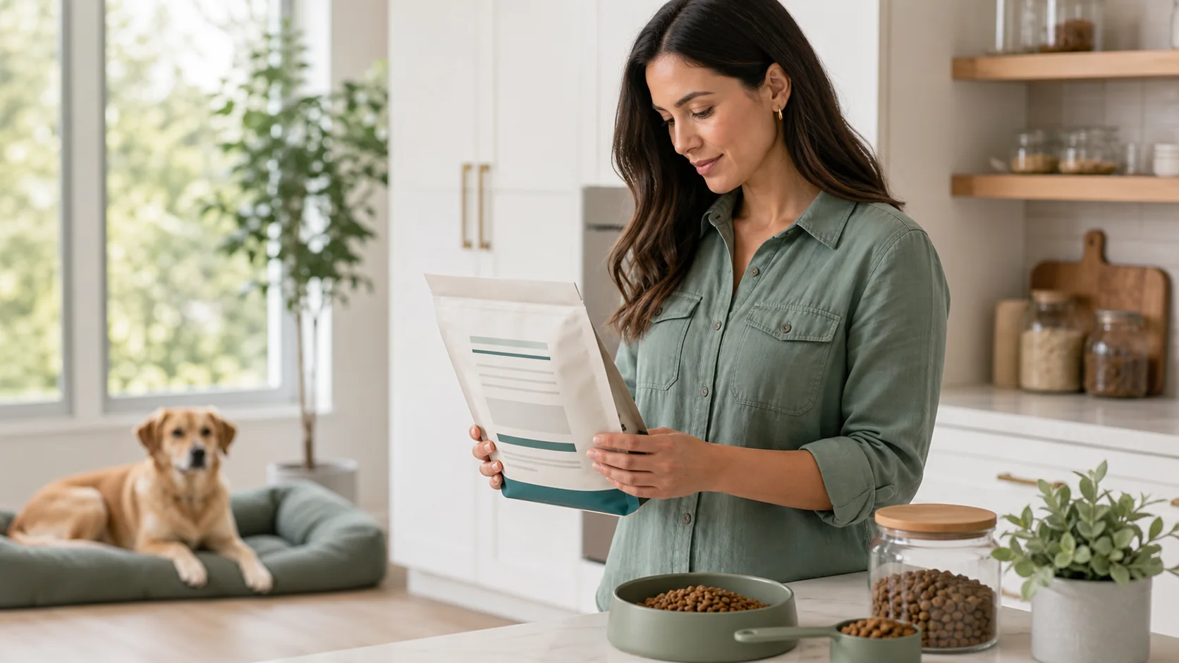 Healthy Paws Essentials scene illustrating reading dog food and treat ingredients to avoid hidden toxins